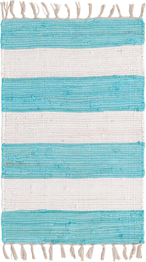 Unique Loom Chindi Rag Collection Area Rug - Striped (2' 2" x 3' 1" Rectangle, Turquoise and Ivory)