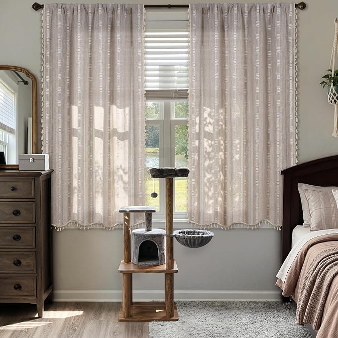 ColorBird Boho Curtains Linen-Textured for Living Room Bedroom Natural Brown 63 Inch Length Farmhouse Light Filtering Neutral Embroidered Striped Linen Drapes 2 Panels Window Treatment