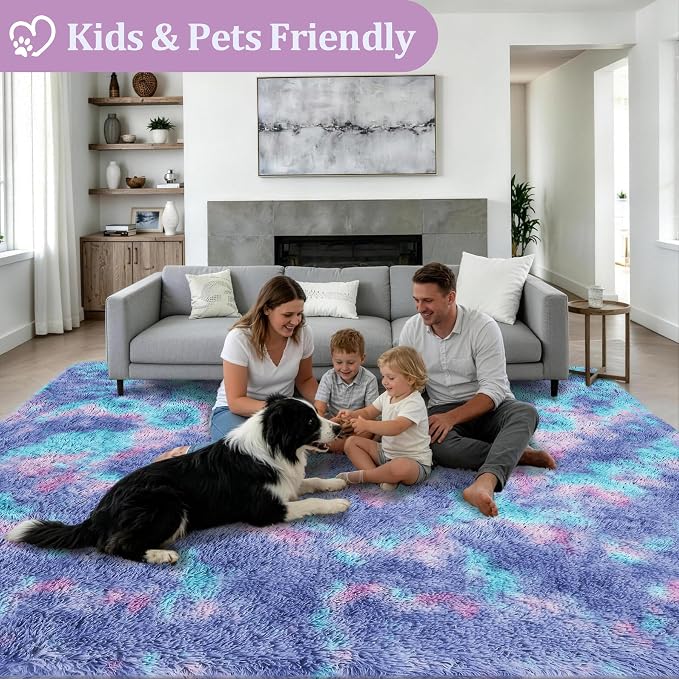 8x10 Area Rugs for Living Room Bedroom: Ultra Soft Fluffy Shag Rug Upgrade Non-Slip Non-Shedding Large Fuzzy Plush Carpet Indoor Floor Carpets for Kids Room Playroom Nursery Dorms Home Rainbow Purple