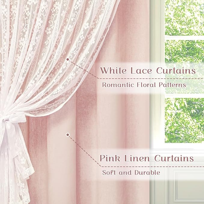 ASPMIZ Linen Pink Curtains for Bedroom, Double Layered Boho Curtain 63 Inch Length, Farmhouse Rod Pocket Curtains & Drapes with Tiebacks, Light Filtering Curtain for Living Room, 52 x 63 Inch, 2PCS