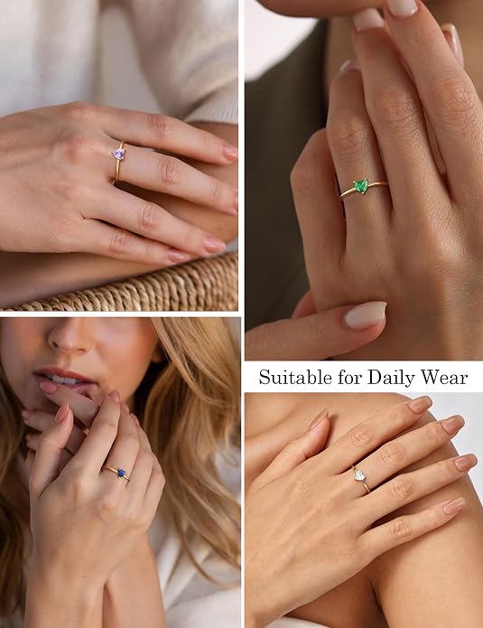 WFYOU Gold Heart Birthstone Rings for Women 14K Gold Plated Non Tarnish Stackable Pinky Cubic Zirconia Rings Emerald Dainty Gemstone Thumb Ring Band Cute Jewelry Birthday Gift Size 5-10