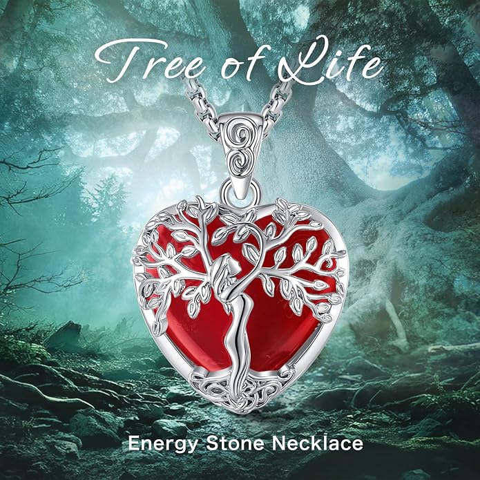 EUDORA Tree of Life Necklace with Moonstone Amethyst Obsidian Turquoise Healing Crystal for Women, Silver Plated Copper Mother Tree of Life Pendant Amulet Energy Jewelry, Gift for Women Mom, 20"+2"