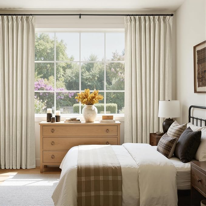 TWODRAPES 60 Inch Width 102 Inches Long Linen Pinch Pleat Curtains 1 Panel | Light Filtering Semi Sheer Privacy, 400GSM Fabric Memory Shape, Pinch Pleated, for Sliding Door Living Room Bedroom, W60xL102