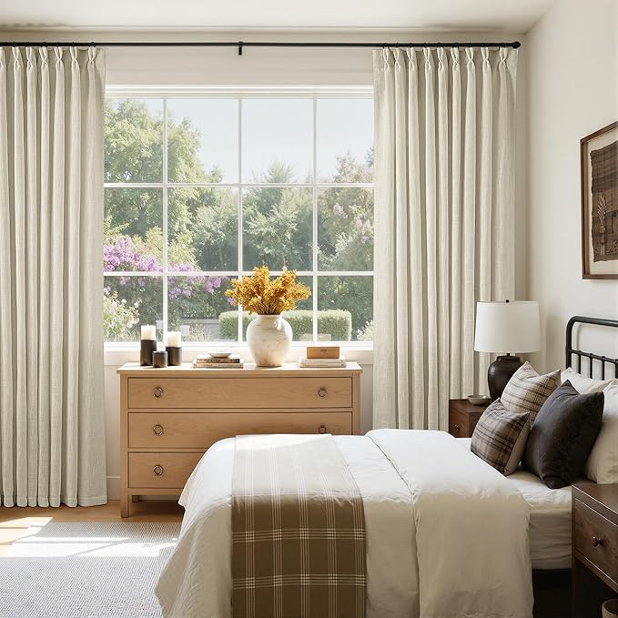 TWODRAPES 60 Inch Width 96 Inches Long Linen Pinch Pleated Curtains 1 Panel | Light Filtering Semi Sheer Privacy, Room Divider, Pinch Pleat Curtains for Sliding Door Dining Bedroom Large Window, W60xL96