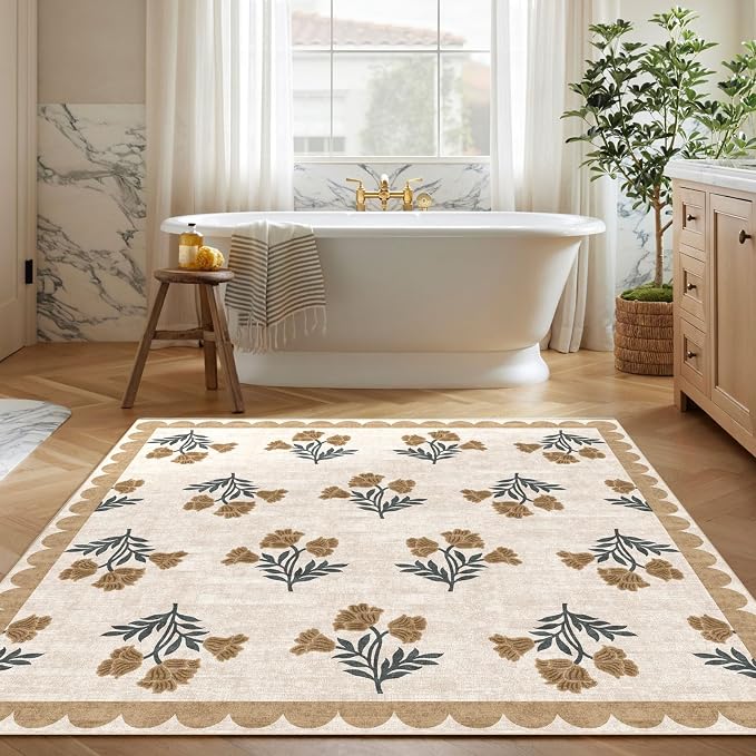 Beige Square Rug 5ft - Soft Washable Boho Farmhouse Bedroom Rug Non Slip 5x5 Stain Resistant Cottage Neutral Scalloped Area Rugs for Living Room Entryway Kitchen Dining Room Bathroom Nursery