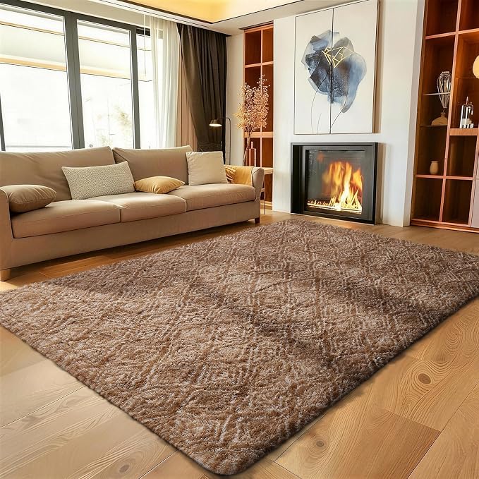 Ophanie Brown and White Diamond Striped Rugs for Living Room 5x7,Fluffy Shag Large Fuzzy Plush Soft Carpets,Shaggy Rugs for Bedroom,Carpet for Kids Boys Girls Dorm Decor with Over 99 pcs Pile fibers