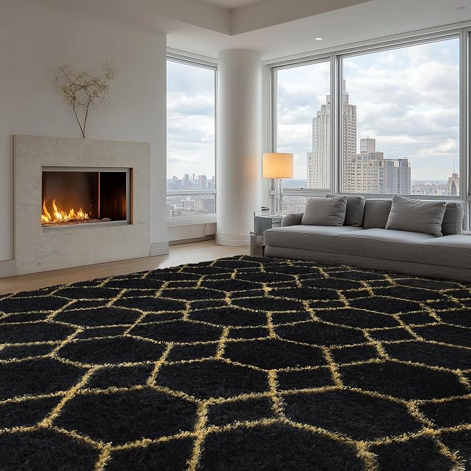 Fluffy Rug for Living Room, Soft Modern 8x10 Black and Gold Shag Area Rugs | Non Slip Black Carpet for Bedroom, Home Decor Aesthetic, Washable Large Fuzzy Plush Floor Mat for Nursery Teen Dorm