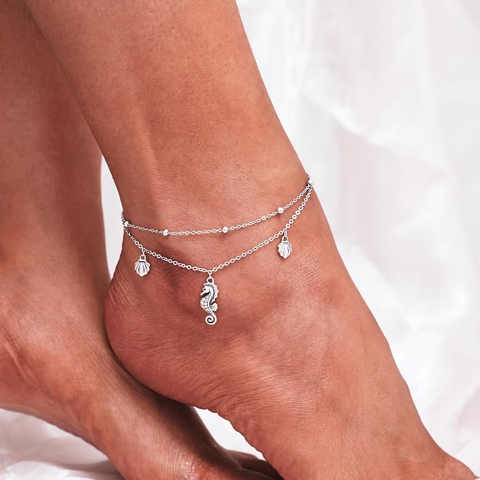 CHIC & ARTSY 925 Sterling Silver Ankle Bracelets for Women, Adjustable Layered Foot Chains with Nature & Symbol Charms, Lightweight Comfort Fit Boho Beach Everyday Jewelry