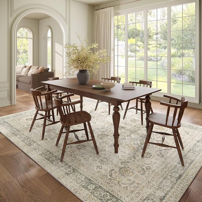 Boho Washable 8x10 Area Rugs for Living Room, Cushioned, Beige/Grey | Vintage Non-slip Neutral Oriental Rugs for Bedroom Dining Room Nursery Office High Traffic Area