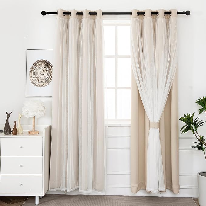 INLINAS Beige Blackout Curtains with Sheer Overlay - Grommet Top Thermal and Noise Reduction Panels for Bedroom and Living Room Light Blocking and Energy Saving, 52 x 108 Inches, Set of 2