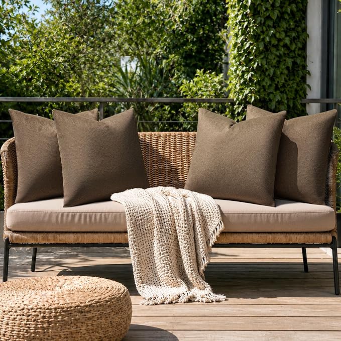 a moment Waterproof Throw Pillow Covers Set of 4,26x26 Inch Outdoor Stain Resistant Pet Friendly Pillowcases Cushion Covers for Patio Sofa and Living Room,Mushroom Brown