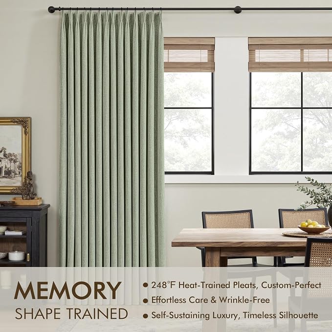 MIULEE Sage Green Pinch Pleated 100% Blackout Linen Curtains 96 Inch Length 2 Panels Set, Black Out Memory Trained Pleat Curtains Light Blocking Room Darkening Drapes for Bedroom Living Room Window