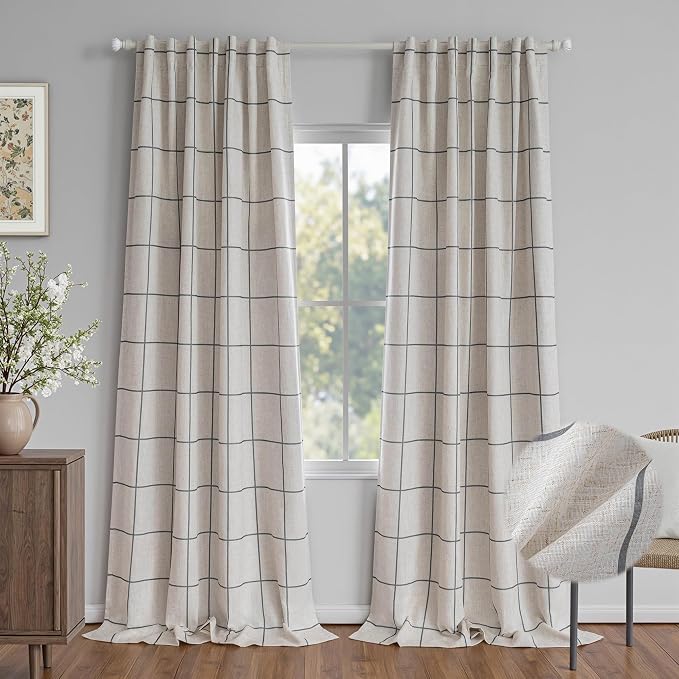 MYSKY HOME 100% Blackout Plaid Linen Curtains 108 Inches Long Double Layer Farmhouse Thermal Insulated Checkered Patterned Drapes Rod Pocket Back Tab for Living Room, 2 Pcs, 52" Wide, Deep Grey