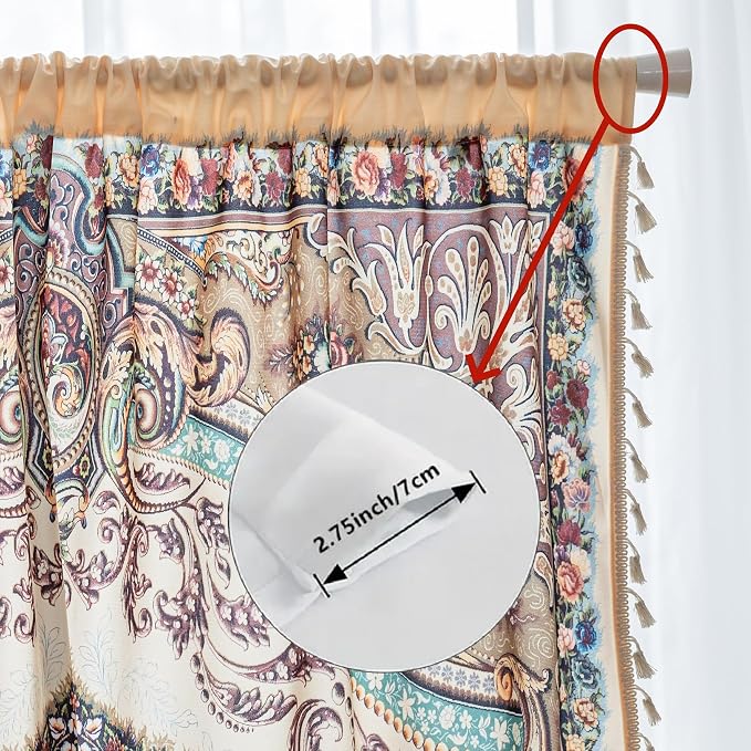 Brown Medallion Curtains 63 Inches Long, Vintage Paisley Boho Farmhouse Light Filtering Rod Pocket Drapes with Tassel Trim for Bedroom Living Room, 2 Panels