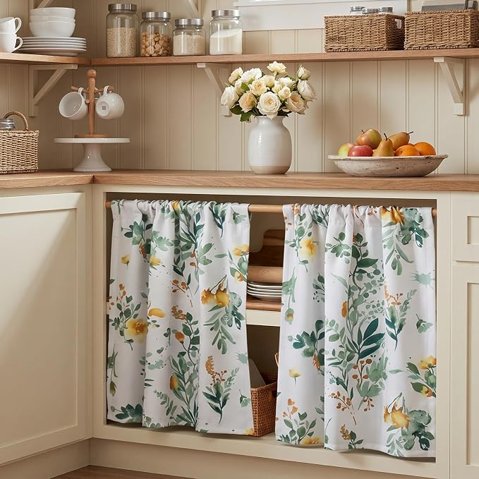 MYSKY HOME Floral Kitchen Tier Cafe Curtains 36 Inch Length 2 Panels Privacy Small Window Treatments Rod Pocket for Bathroom Basement, Yellow and Green, 30" Wide Each Panel