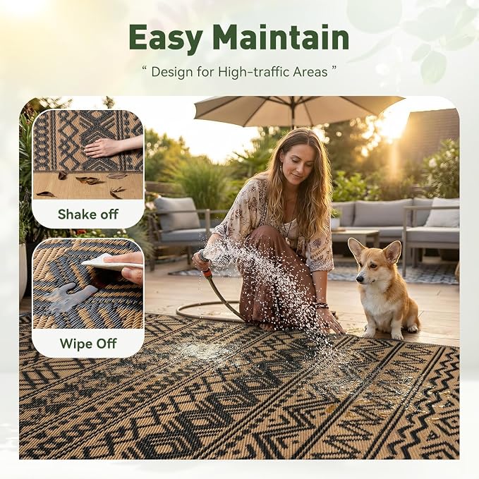 MontVoo-Outdoor Rug Carpet Waterproof 5x8 ft Reversible Patio Rug RV Camping Rugs Plastic Straw Outside Indoor Outdoor Area Rugs for Patio Deck Balcony Picnic Beach Outdoor Decor Boho Black Brown