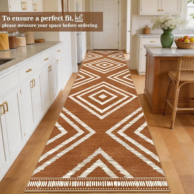 3x16ft Boho Hallway Runner Rugs Washable Non Slip, Long Brown Entryway Rug Runners Non Shedding, Geometric Kitchen Floor Carpets for Doorway Entrance Farmhouse Living Room Home Decor
