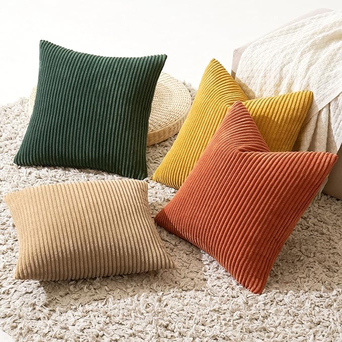 MIULEE Pack of 4 Green-Rust Corduroy Decorative Throw Pillow Covers 18x18 Inch Soft Boho Striped Pillow Covers Modern Farmhouse Fall Home Decor for Winter Sofa Living Room Couch Bed