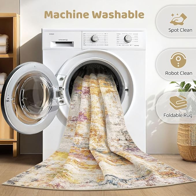 4x6 Area Rug Living Room: Machine Washable Large Abstract Modern Soft Rug Stain Resistant Indoor Floor Non-Slip Accent Carpet for Bedroom Nursery Playroom Office Dining Room Dorm- Gold Colorful