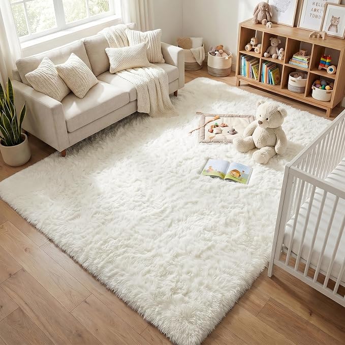 Fluffy Rugs for Living Room: White Soft Shag Rug for Bedroom, Large Fuzzy Plush Indoor Carpet Non Slip Modern Rug for Nursery Kids Room Dorms Office Home Decor, 7x10 Feet