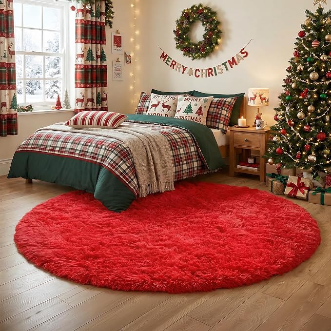 Red Circle Round Rug 7Ft for Living Room Bedroom, Large Fluffy Shag Area Rugs for Kids Room Decor Aesthetic, Fuzzy Plush Fur Carpets for Nursery Classroom, Red Carpet, Indoor Furry Rugs for Teen Boys
