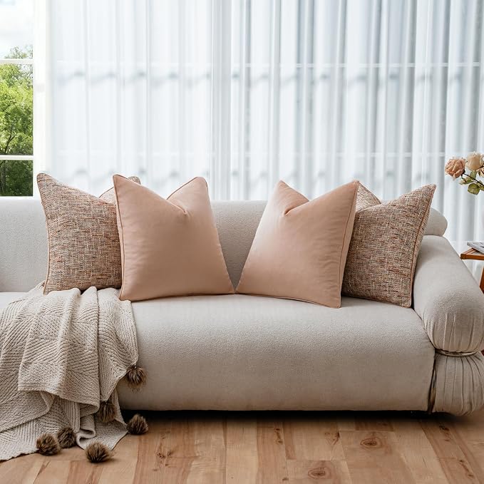a moment Light Pink 4 Pack Throw Pillow Covers - Chenille & Velvet Set with Piping, Farmhouse Textured Design Pillow Cases for Couch Sofa Bed Livingroom (20x20 Inch, No Insert)