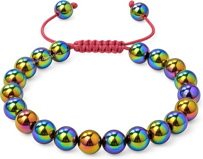 Amazing Gemstone Rainbow Hematite Bracelet, Gifts for Men & Women - Protection Healing Crystal Bracelet - 8mm Gemstone Beaded Adjustable Bracelet, Pulseras para Hombres Mujer Stocking Stuffers