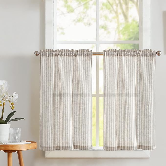 Vangao Taupe Grey Stripe Linen Tiers Curtains 36 Inch Farmhouse 2 Panels | Light Filtering, Semi Sheer, for Kitchen, Living room, Tickingstripe Drapes, Pinstripe, Window Treatments