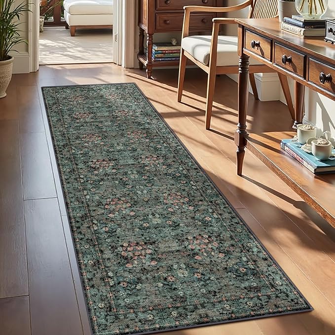 Lunasun Boho Dark Green Botanical 2x6 Washable Long Kitchen Runner Rug - Floral Throw Rug for Hallway, Bathroom, Indoor Entrance, Laundry, Bedroom - Soft Vintage Front Door Mat with Low Pile Non Skid
