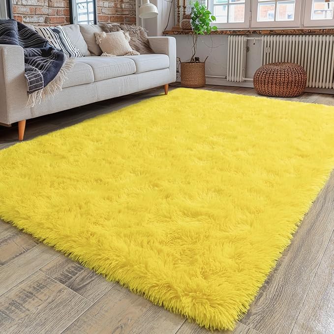 Dssimo Yellow Rug for Bedroom Living Room, 4x6 Soft Shaggy Area Rugs | Plush Fluffy Upgrade Non-Slip Yellow Area Rug for Nursery Kids Room Dorm Room Home Decor, Indoor Plush Floor Carpet