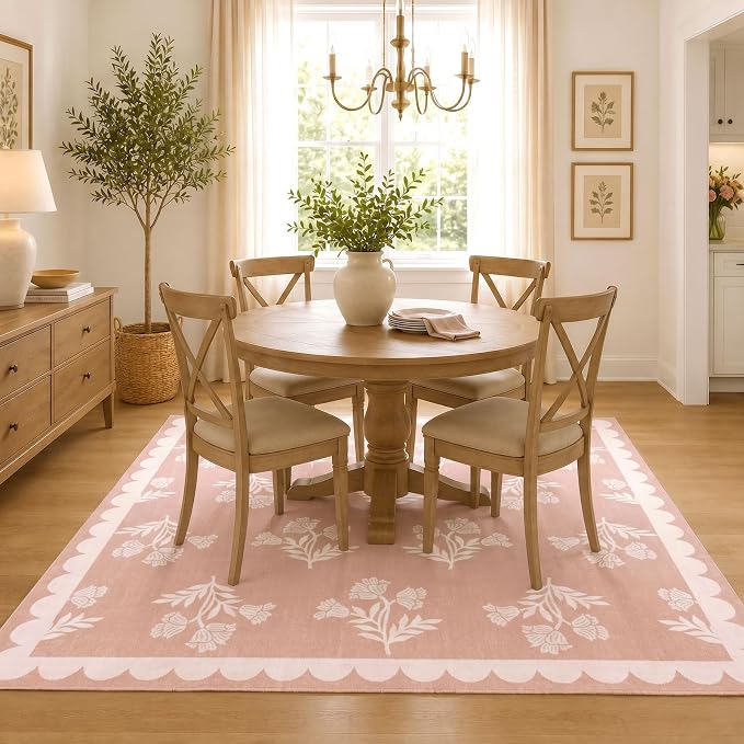 Pink Square Rugs 6ft - Soft Washable Boho Floral Girls Bedroom Rug 6x6 Stain Resistant Scalloped Dining Room Rugs for Under Table Cute Preppy Area Rug for Living Room Nursery Kids Room Carpet