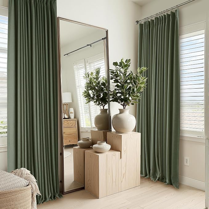 RYB HOME 100% Blackout Olive Green Pinch Pleated Linen Curtains for Bedroom, 2 Layers Thermal Insulated Natural Neutral Decor for Farmhouse Living Room, 40" W x L84 L, 2 Panels Set