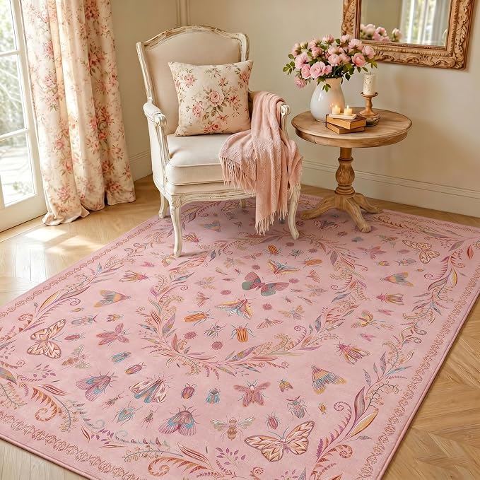 Floral 4x6 Rugs for Small Living Room - Beige and Yellow Pastel, Low Pile Non Slip Stain Resistant Throw Rug for Under Bed, Large Entryway, Kitchen, Floor Carpet Aesthetic Kids