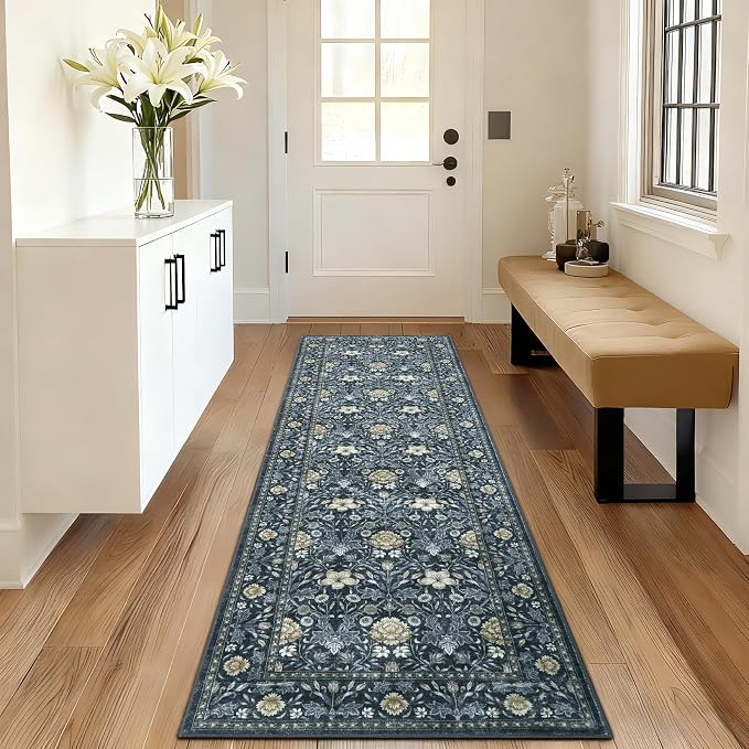 GarveeHome Washable Runner Rug 2x6, Non Slip Floral Kitchen Runner for Hallway Entryway Forest Green Laundry Bathroom Mat Farmhouse Thin Stain Resistant Carpet for Bedroom Beside Rug