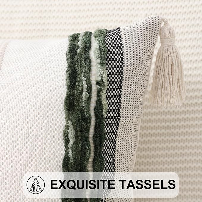 Simmore Fall Boho Decorative Green Throw Pillow Covers 18X18 Set of 2 | Tufted Accent Modern Farmhouse Neutral Pillow Covers with Tassels for Cozy Bohemian Couch Sofa Bedroom Home Decor
