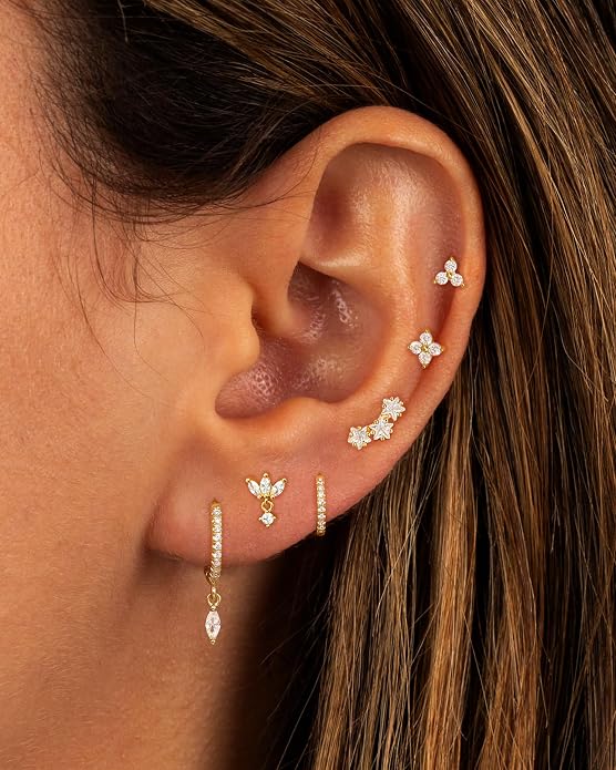14K Gold Plated Dainty Stud Hoop Earrings for Women 6 Pairs Huggie Hypoallergenic Silver Gold Flat Back Cartilage Stud Earrings Set for Multiple Piercing Luxury Cubic Zirconia Drop Earrings Jewelry Trendy Gifts