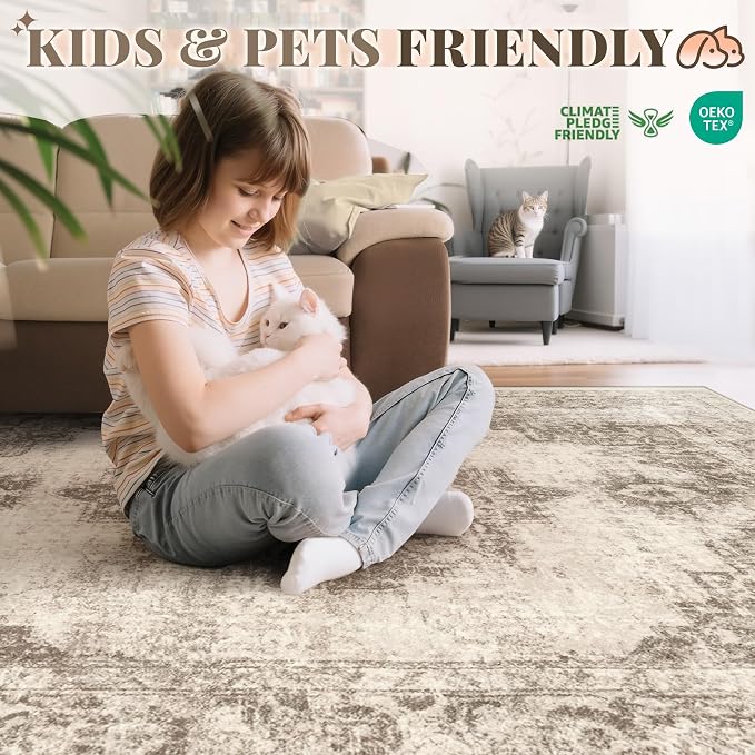 Area Rug 9x12 Vintage Rugs: Large Washable Indoor Medallion Rug Low Pile Distressed Floor Carpet Retro Accent Rugs for Living Room Bedroom Kitchen Dining Table Home Office(Taupe, 9'x12')