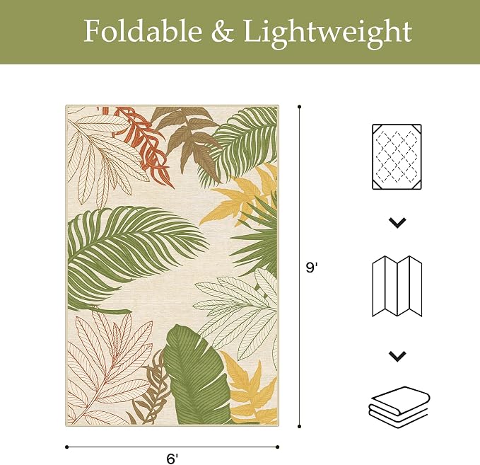 GENIMO 6x9 Outdoor Rug, Washable for Patio and Deck, Beige Green | Botanical leaf design for dining area; fade resistant chenille with quick-dry non-slip backing for indoor sunroom.
