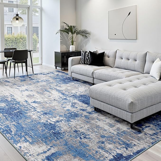 RELEANY Washable Area Rugs 6'x8' Non-Slip Modern Abstract Soft for Living Room Entryway Bedroom Kitchen, Print Pattern, Blue Grey Navy Gray