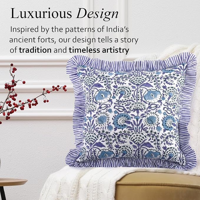 CPC Indigo Blue 100% Cotton Block Print Ruffle Pillow Cover 16X16 inch, Handmade Boho Floral Pillowcase, Farmhouse Cottagecore Bedding, Soft Decorative Cushion Cover for Bedroom Décor