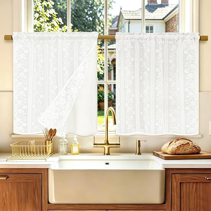 ASPMIZ Linen Kitchen Curtains Double Layer Kitchen Window Curtains Over Sink 24 Inch Length White Tier Curtain Light Filtering, Rod Pocket Cafe Curtain Short Window Treatments with 2 Tiebacks, 26x24