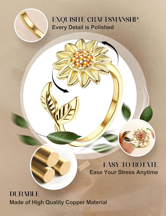 FIBO STEEL 9 Pcs Fidget Anxiety Rings for Women Men Spinner Rings for Anxiety Relieving Stress Open CZ Flower Moon Star Anti Rotatable Rings Adjustable