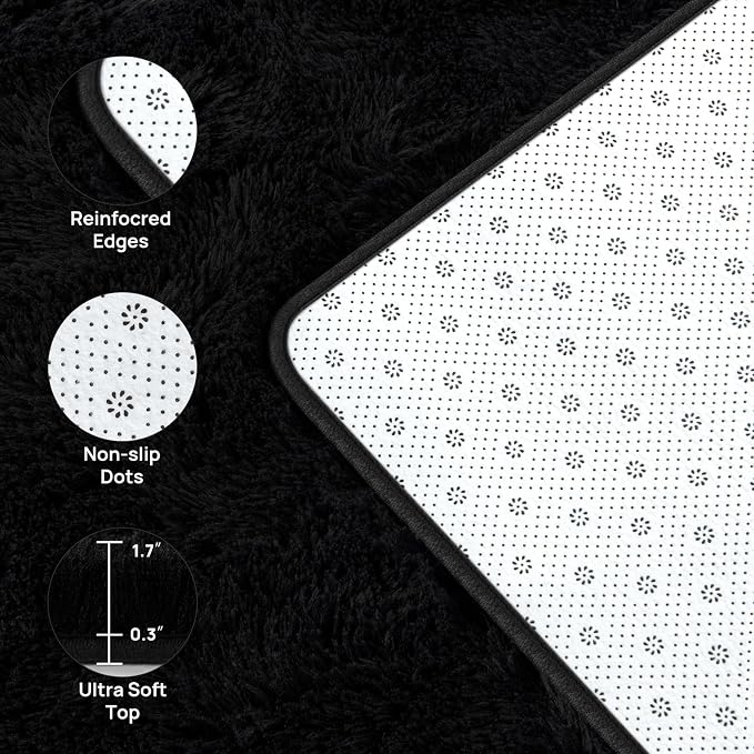 Deerhoo Shag Area Rug, 4 X 6 Plush Fuzzy Rugs for Living Room, Ultra Soft Fluffy Furry Rug for Bedroom, Indoor Carpet Nursery Rugs for Kids Room Home Decor, Black