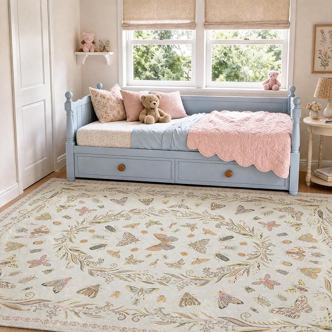 5x8 Beige and Pink Nursery Rug - Colorful Rug for Playroom, Bedroom, Living Room, Insect Butterfly Floral Non-Slip Soft Carpet