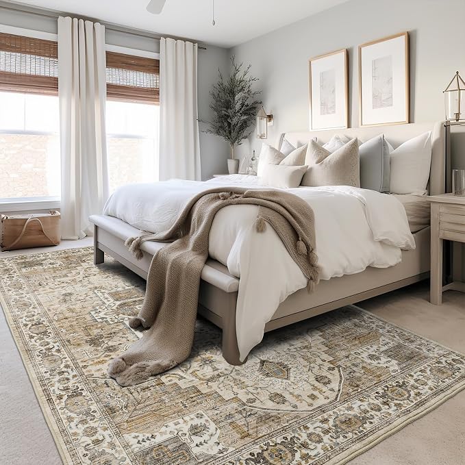 Roxstand 8x10 Washable Area Rugs, Non Slip Vintage Rug, Beige/Brown | Low Pile,Non-Slip Backing, Pet & Kid Friendly, Stain Resistant Rug for Living Room, Bedroom, Dining Room