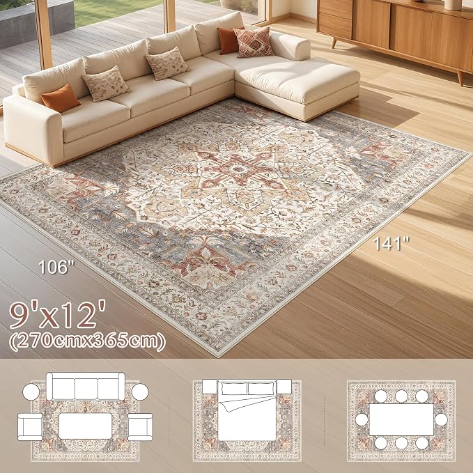 Tortania Area Rug Living Room Rugs - 9x12 Washable Boho Rug Vintage Oriental Distressed Farmhouse Large Thin Indoor Carpet for Living Room Bedroom Under Dining Table Home Office - Orange Multi