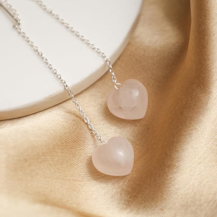 Gemstone Heart Shaped Threader Earrings in 925 Sterling Silver, Pull Through Adjustable, Versatile & Trendy, Perfect Valentine's Gift for Women, Choice of Gemstone Available