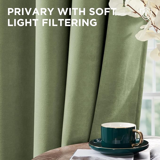 Joydeco Blackout Velvet Curtains Coconut Green 96 Inch Rod Pocket | Luxury Thermal Insulated Velvet Curtains for Bedroom Living Room, Soundproof Blackout Window Drapes