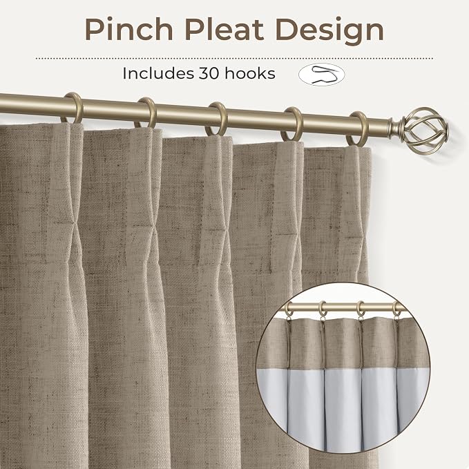 CAPALOCA Burlywood Birch Linen Pinch Pleated Curtains for Sliding Glass Door, 100% Blackout Extra Wide Curtains 84 Inch Long, Thermal Insulated Drapes for Living Room, 70" W x 84" L, 2 Panels