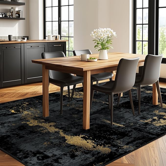 RELEANY Washable Area Rugs 10'x12' Non-Slip Modern Abstract Soft for Living Room Entryway Bedroom Kitchen, Print Pattern, Dark Black Gold